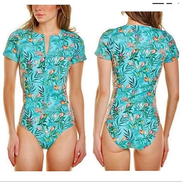 NWT Johnny Was Taina Neoprene One Piece Swimsuit Turquoise Blue Floral Printed L - Picture 1 of 4
